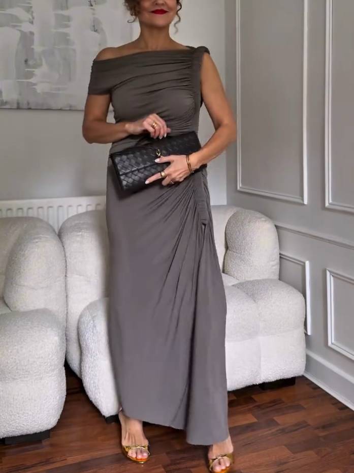 Off-shoulder Pleated Irregular Hem Maxi Dress