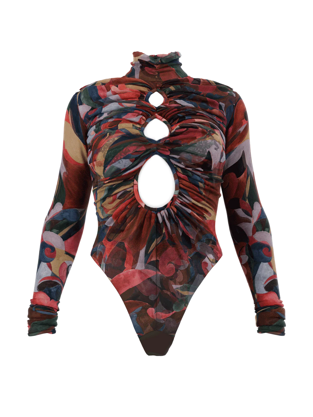 Elegant High-neck Cutout Abstract Print Bodysuit