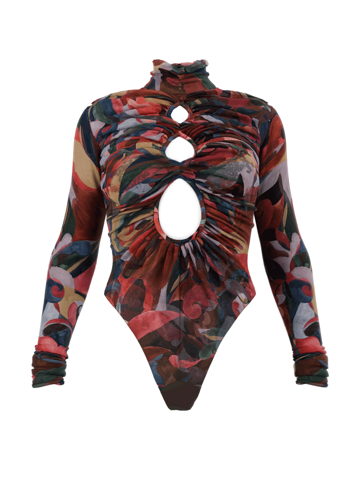 Elegant High-neck Cutout Abstract Print Bodysuit