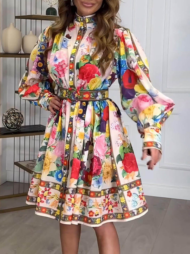 Elegant Unique Floral Print Lantern Sleeve A-Line Mini Dress