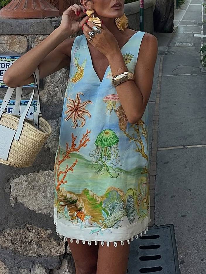 V-Neck Printed Mini Dress
