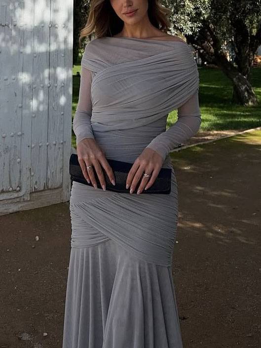 Cross Pleated Design Long Sleeve Maxi Dress