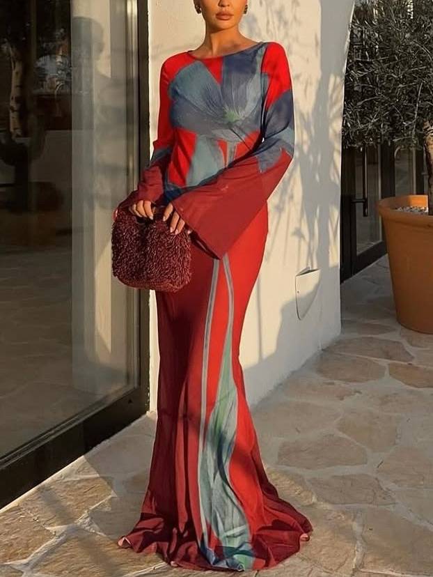 Unique Printed Long Sleeve Maxi Dress