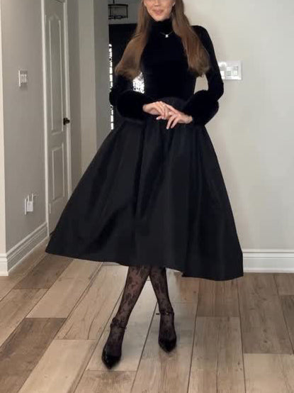 Elegant Velvet High-Neck Faux Fur Cuff Midi Dress
