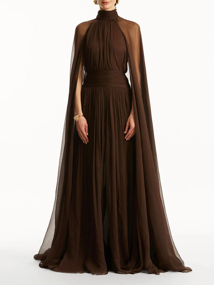 Elegant Draped Cape-style Pleated Maxi Dress