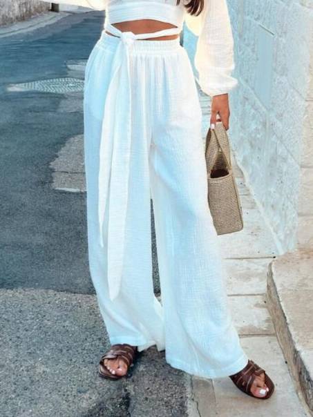V-Neck Lace Up Shirt And Wide Leg Pants Suit-Pants
