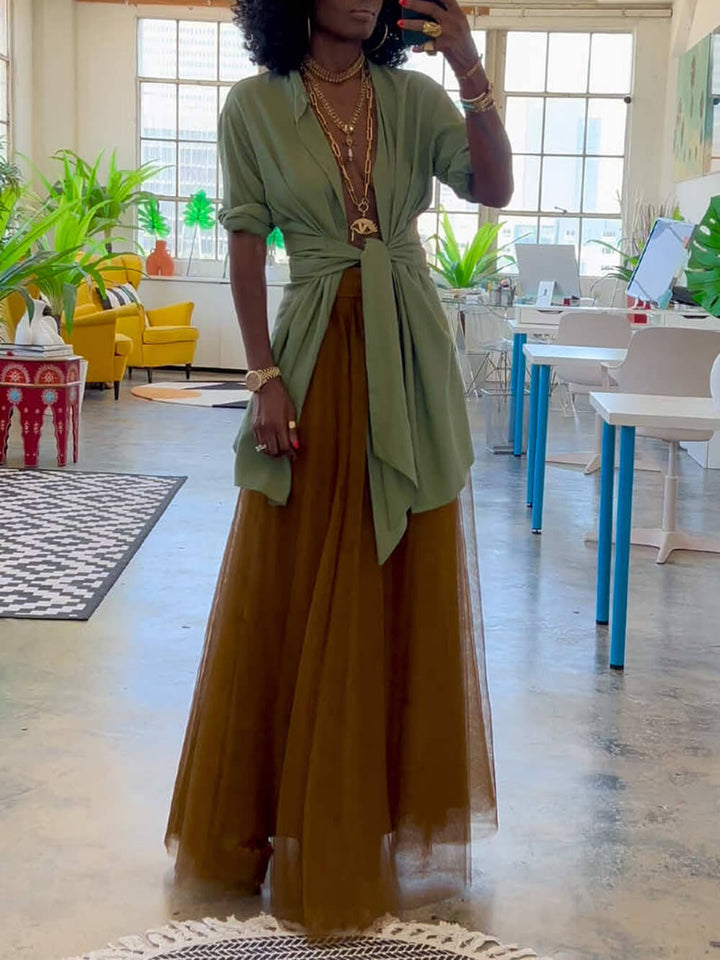 Elegant Belted Cardigan Collar Shirt
