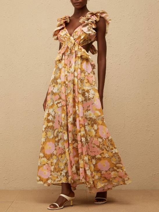 Floral Print Cross Backless Maxi Dress