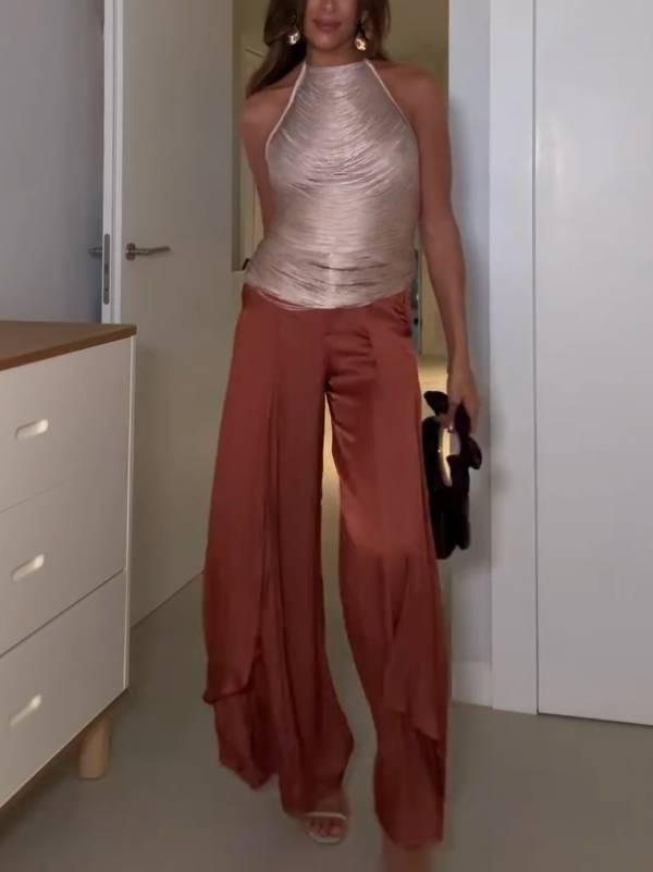 Vacation Style Tassel Top And Wide Leg Pants Suit-Top