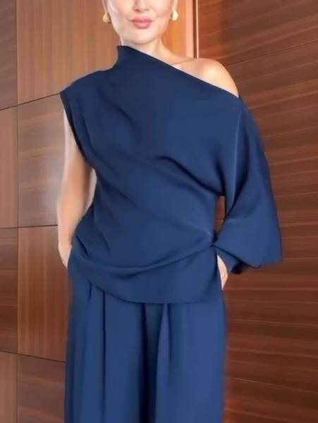 Off-shoulder Single-sleeve Shirt And Wide Leg Pants Suit-Shirt