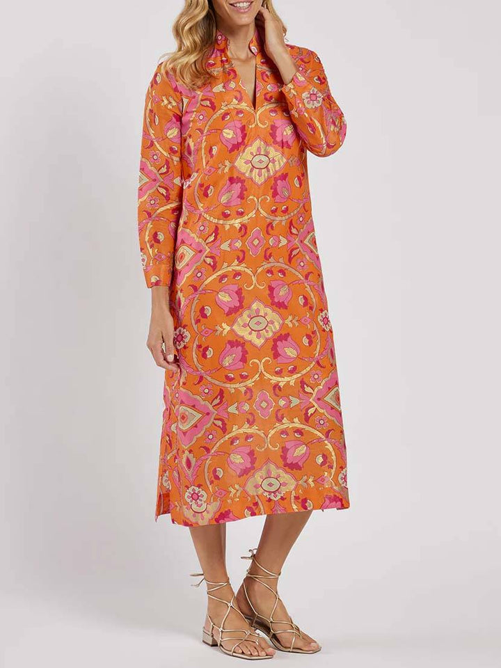 Stand Collar Printed Midi Dress