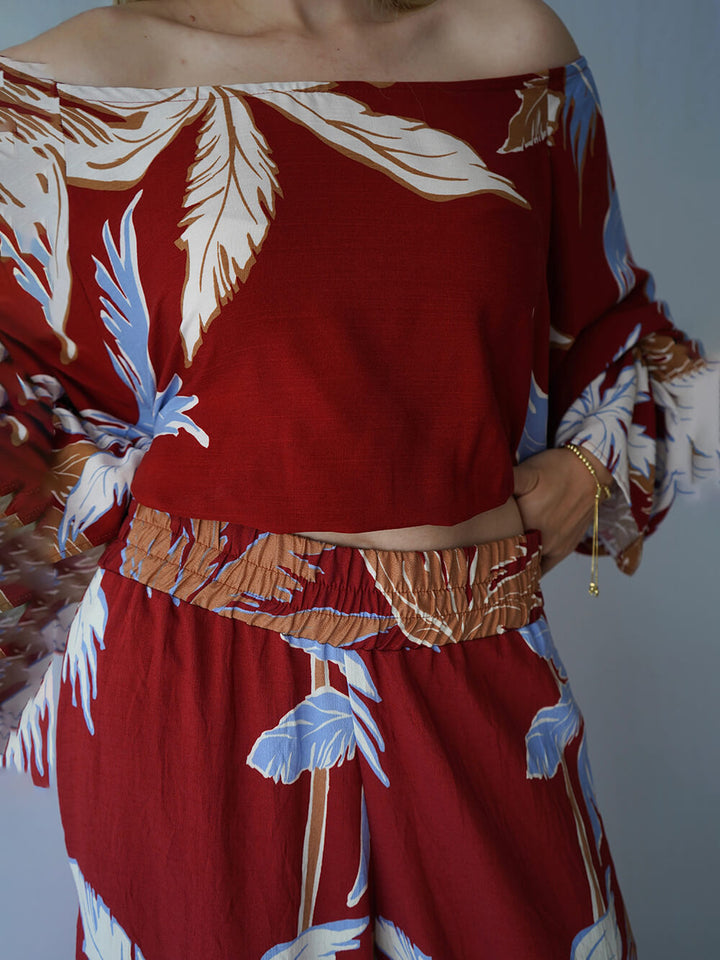 Fashion Casual Tropical Palm Tree Print Off-Shoulder Top