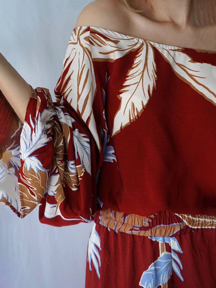 Fashion Casual Tropical Palm Tree Print Elastic Waist Wide-Leg Pants