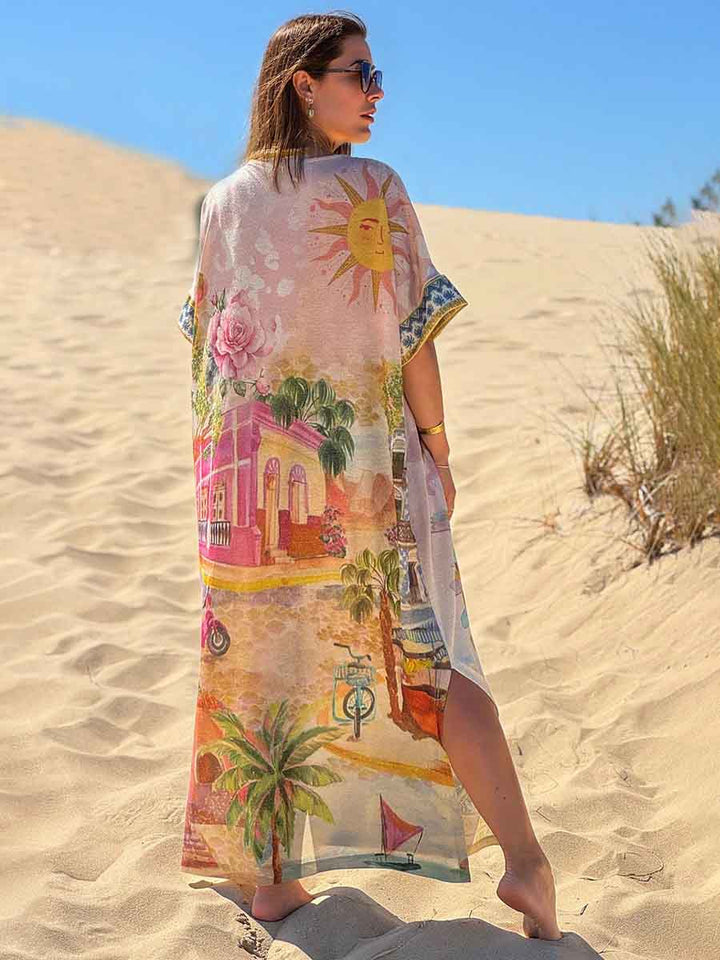 Unique V-Neck Tung Palm Print Slit Maxi Dress