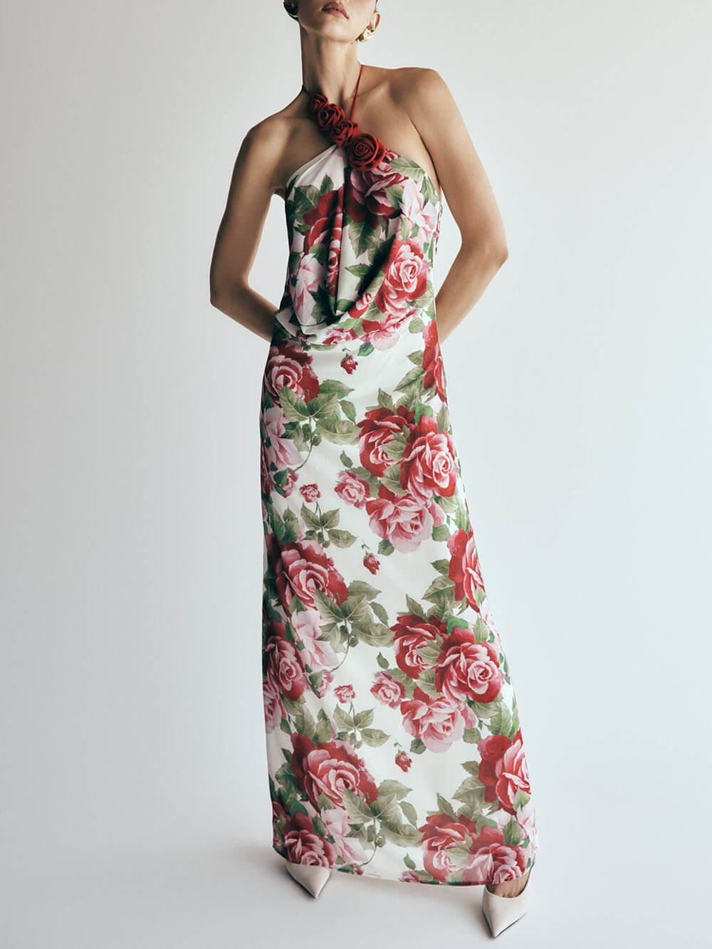 Romance Elegance Rose Printed Applique Cowl Neck Maxi Dress