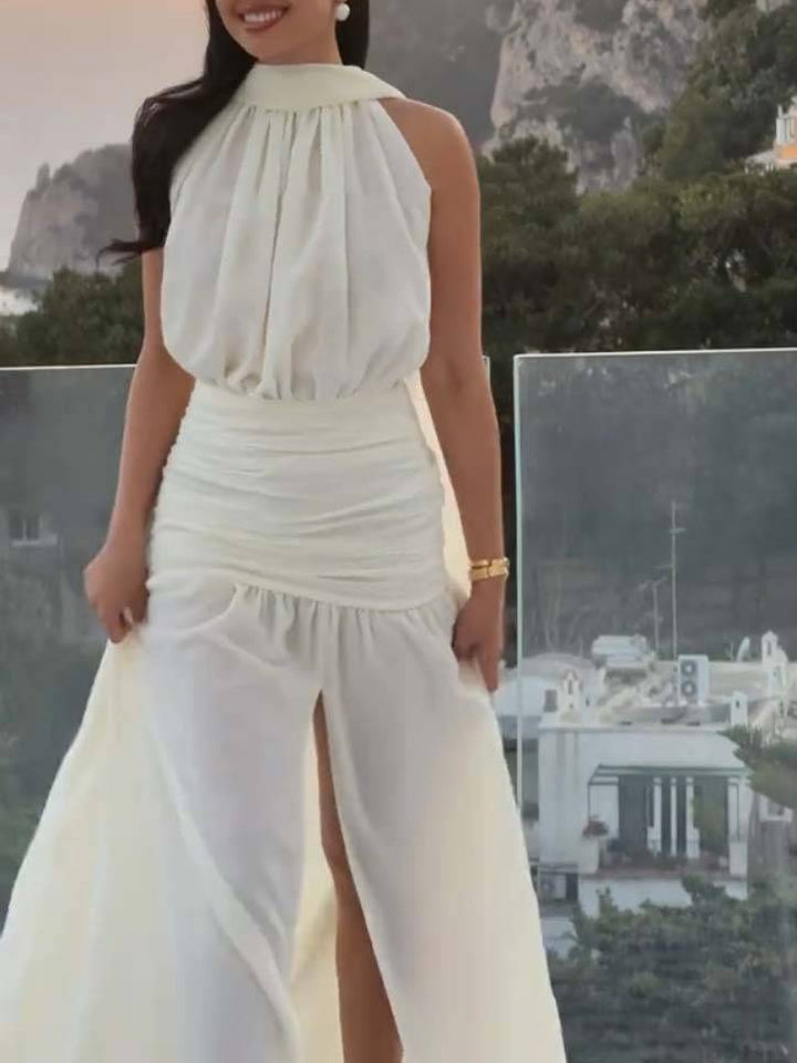 Romantic Scarf Waist Pleated Split Maxi Dress