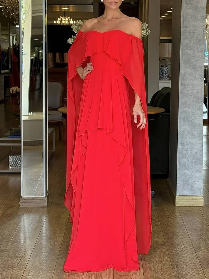 Off-shoulder Shawl Design Multi-layer Maxi Dress