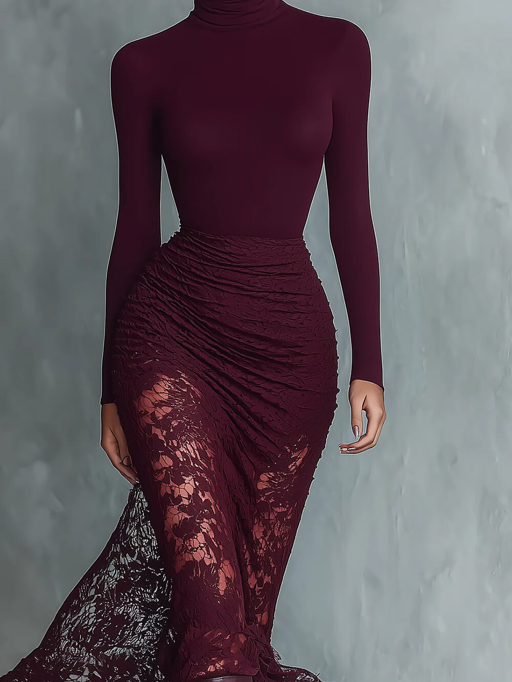 Fashionable Elegant High-Neck Lace-Trimmed Fitted Maxi Dress