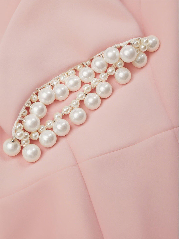 Elegant Pearl-Trim Short Sleeve Midi Dress
