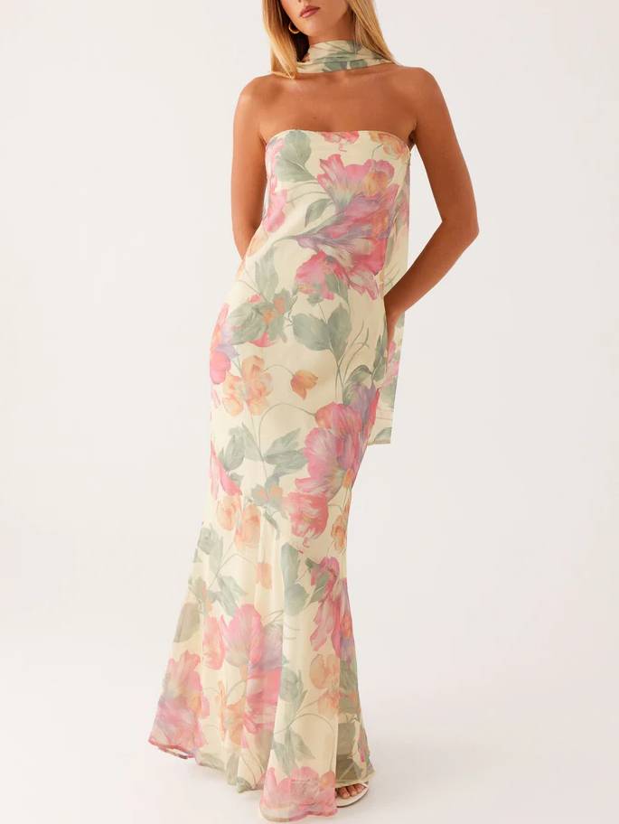 Tube Top Printed Ribbon Dress