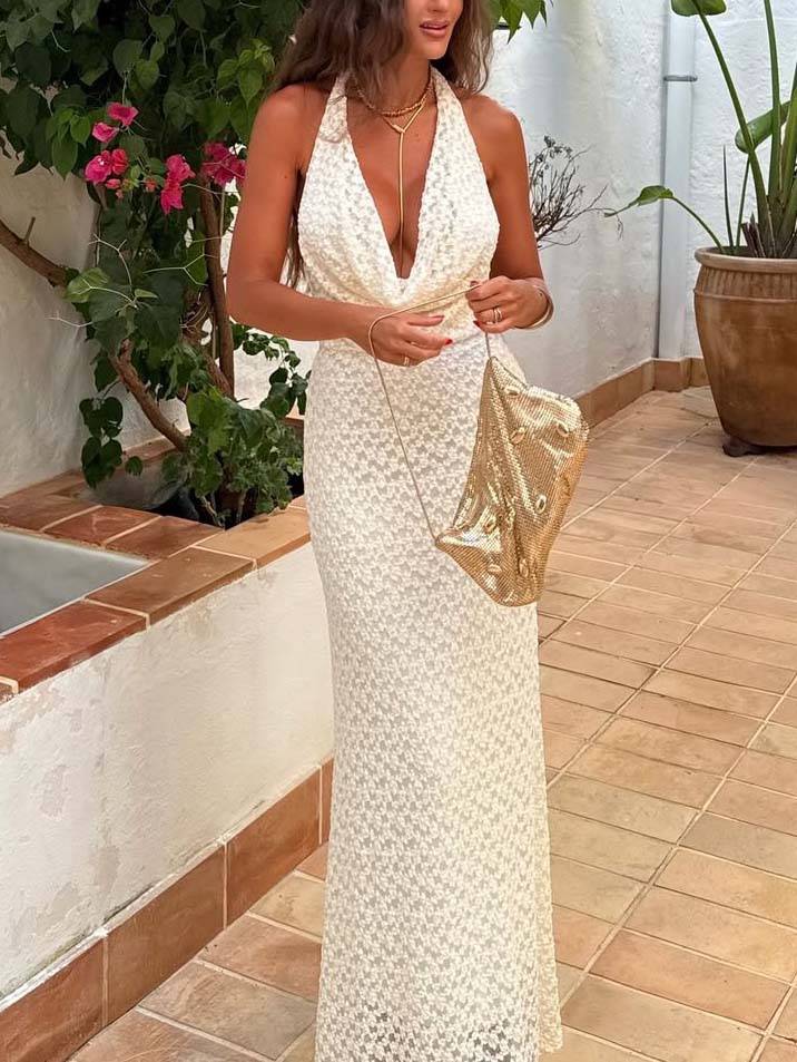 Elegant Swing Collar Backless Lace Maxi Dress