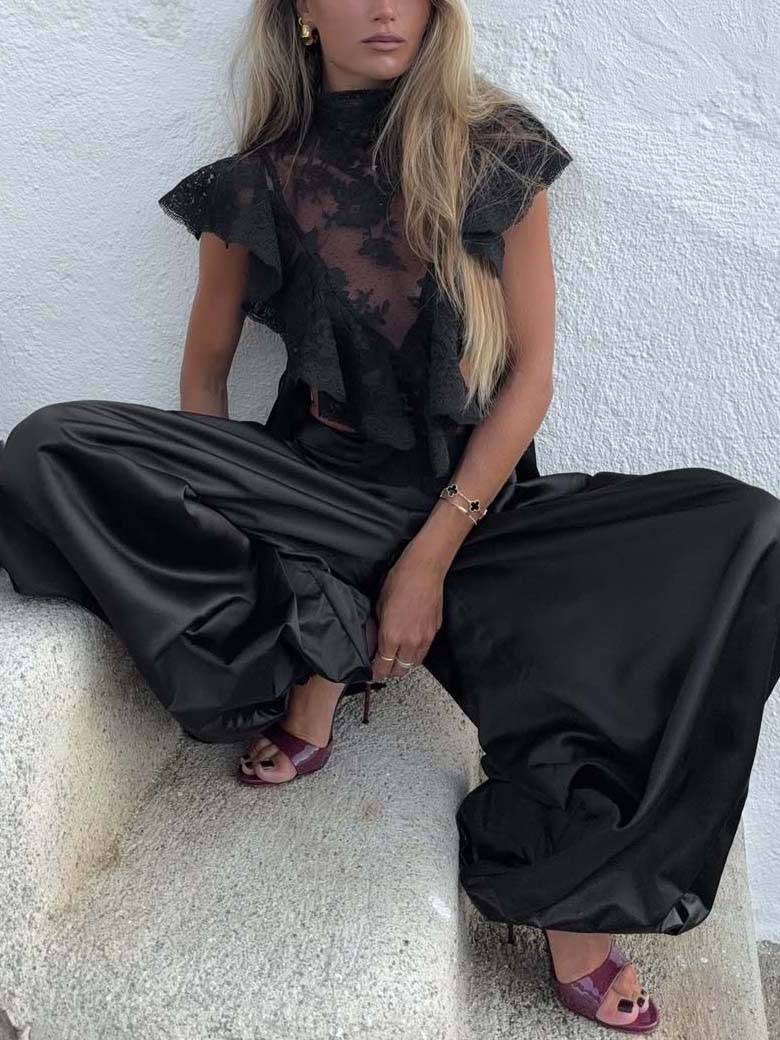 Lace Top And Wide Leg Pants Suit-Top