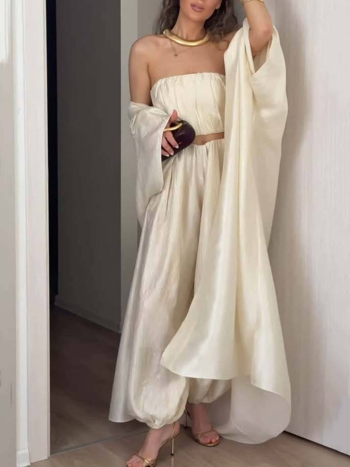 Minimalist Tube Top Wide Leg Pants And Long Shirt Suit-Long Shirt