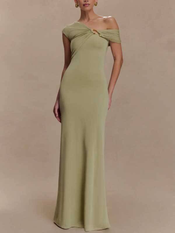 Off-shoulder Asymmetric Design Slim-fit Maxi Dress