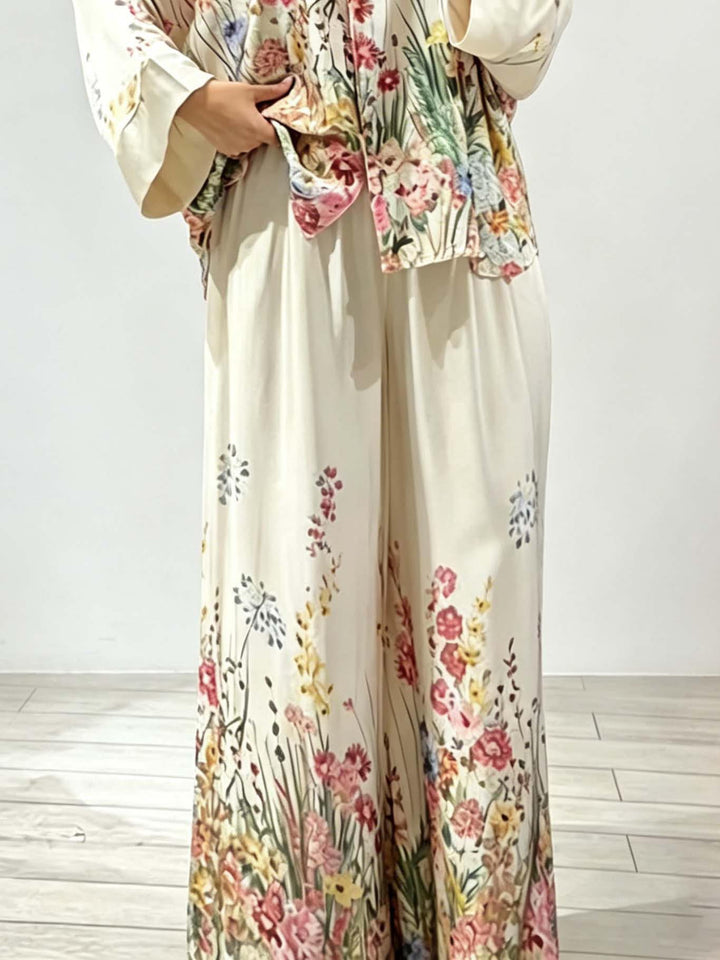 Elegant Floral Print Satin Wide Leg Pants