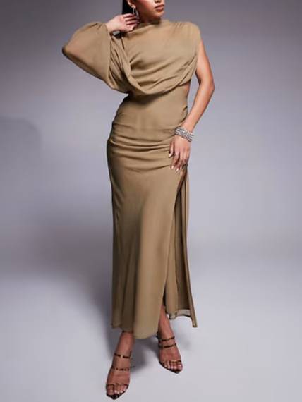 Asymmetrical Design Pleated Front Slit Maxi Dress