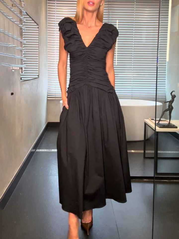 Elegant Pleated V-neck Midi Dress