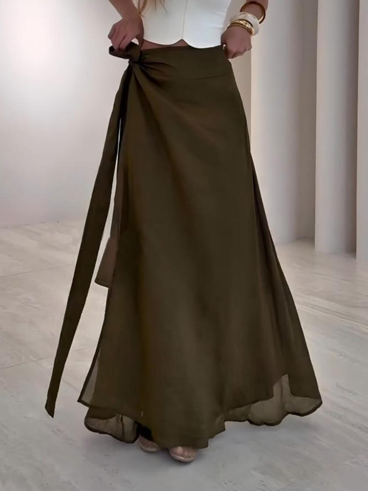 Casual Retro-Tone Tie-Waist High-Slit Maxi Skirt