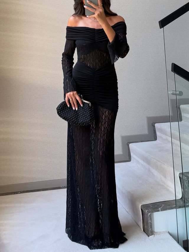 Elegant Lace Off-shoulder Pleated Maxi Dress