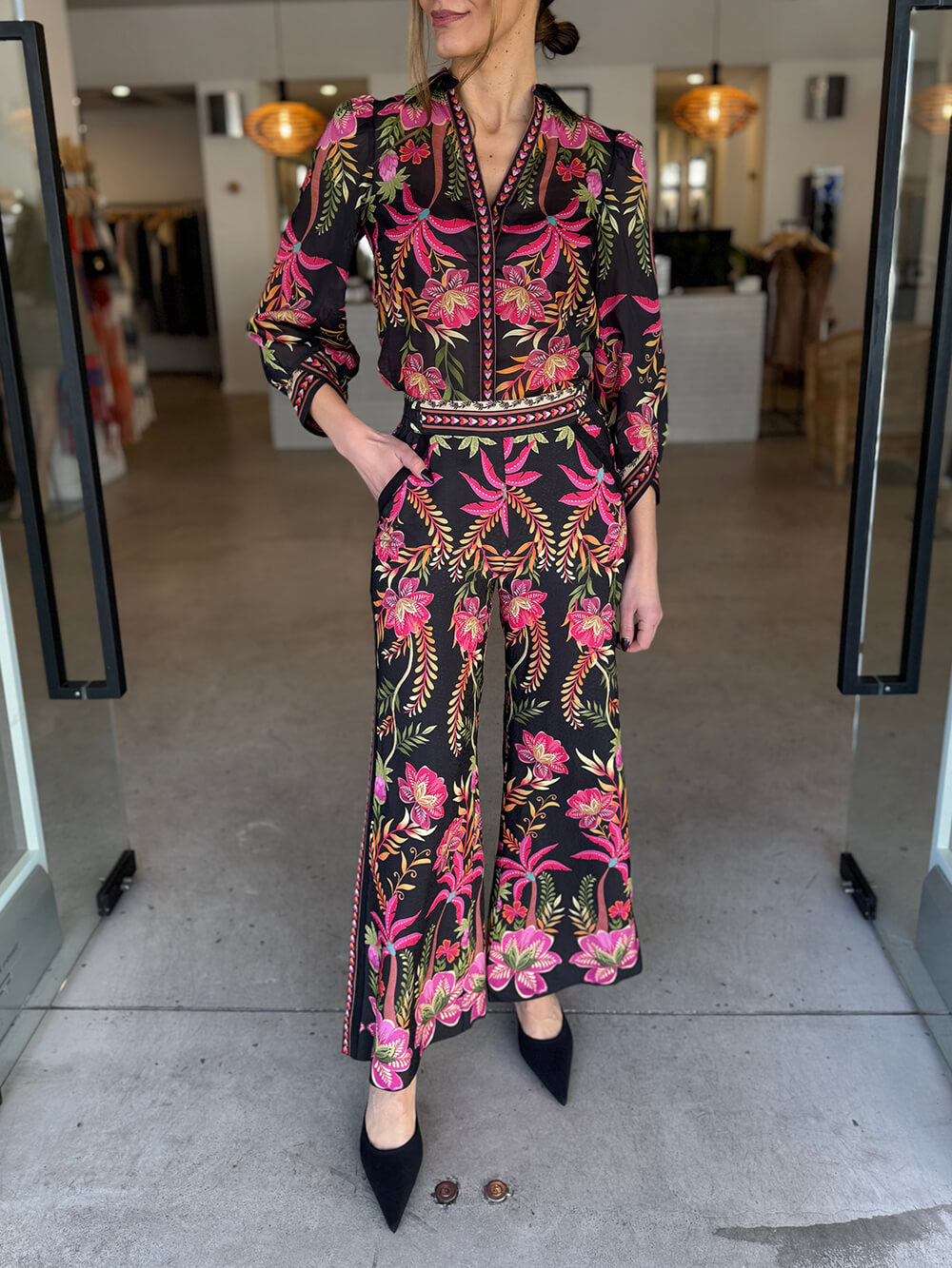 Unique Tropical Botanical Floral Print Puff Sleeve Loose Shirt
