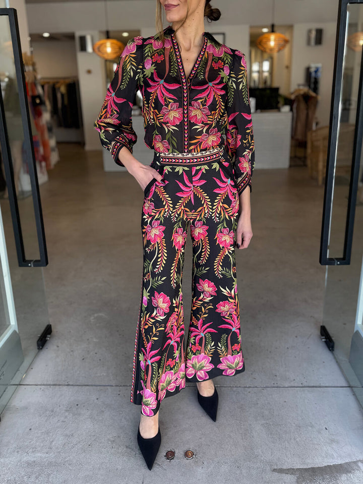 Unique Tropical Botanical Floral Print Puff Sleeve Loose Shirt