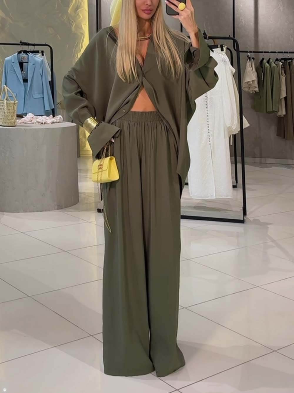 Classic High-Rise Pleated Pocket Wide-Leg Pants