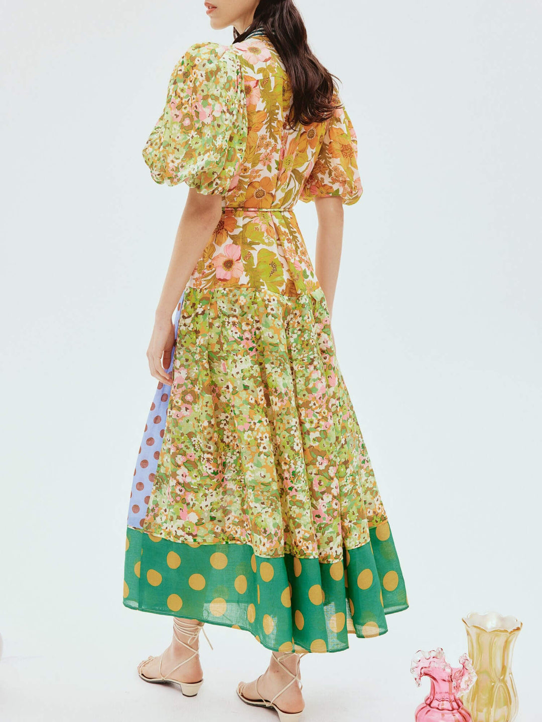 Exquisite Retro Floral Print Puff Sleeve Midi Dress