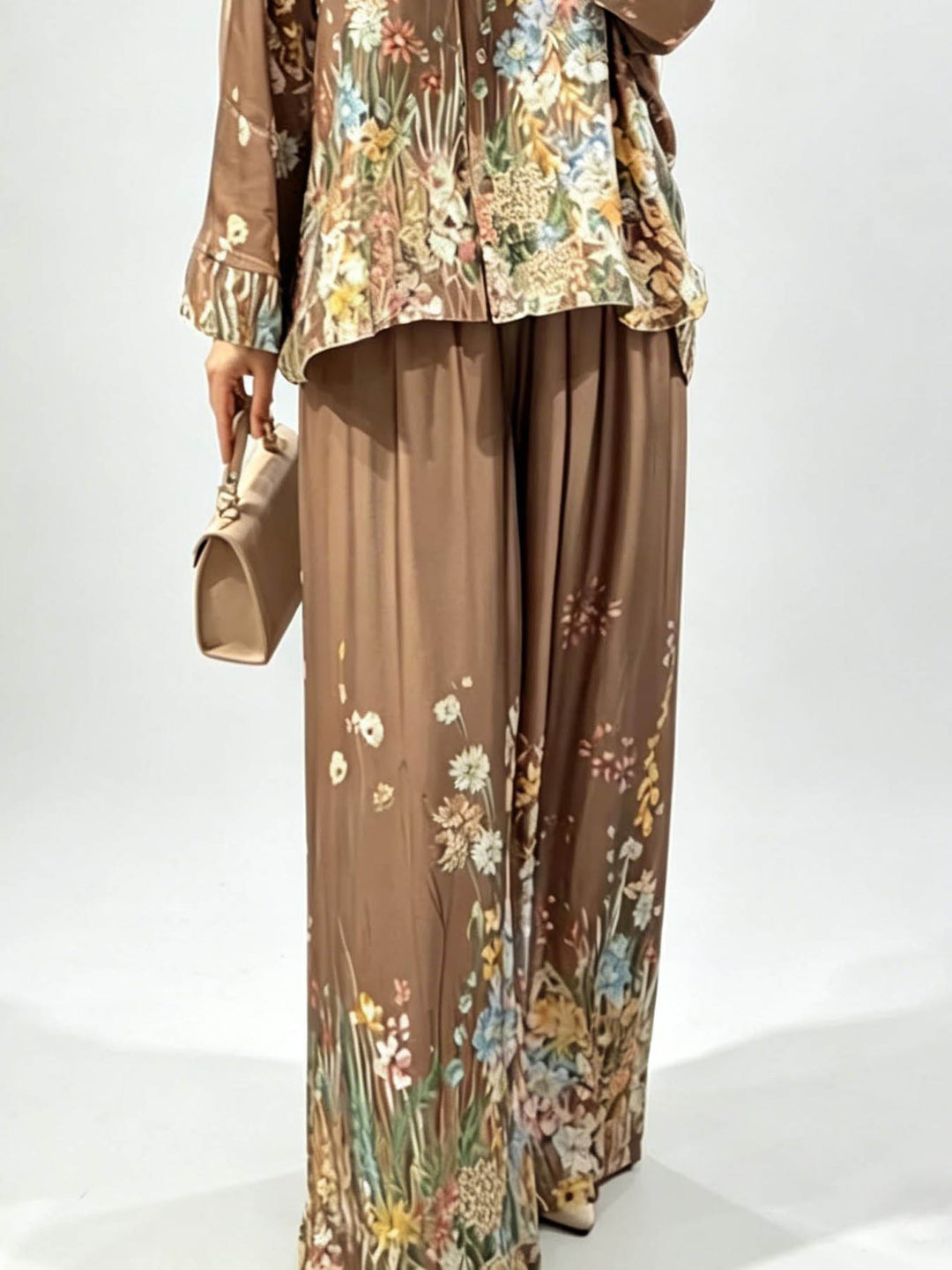Elegant Floral Print Satin Wide Leg Pants