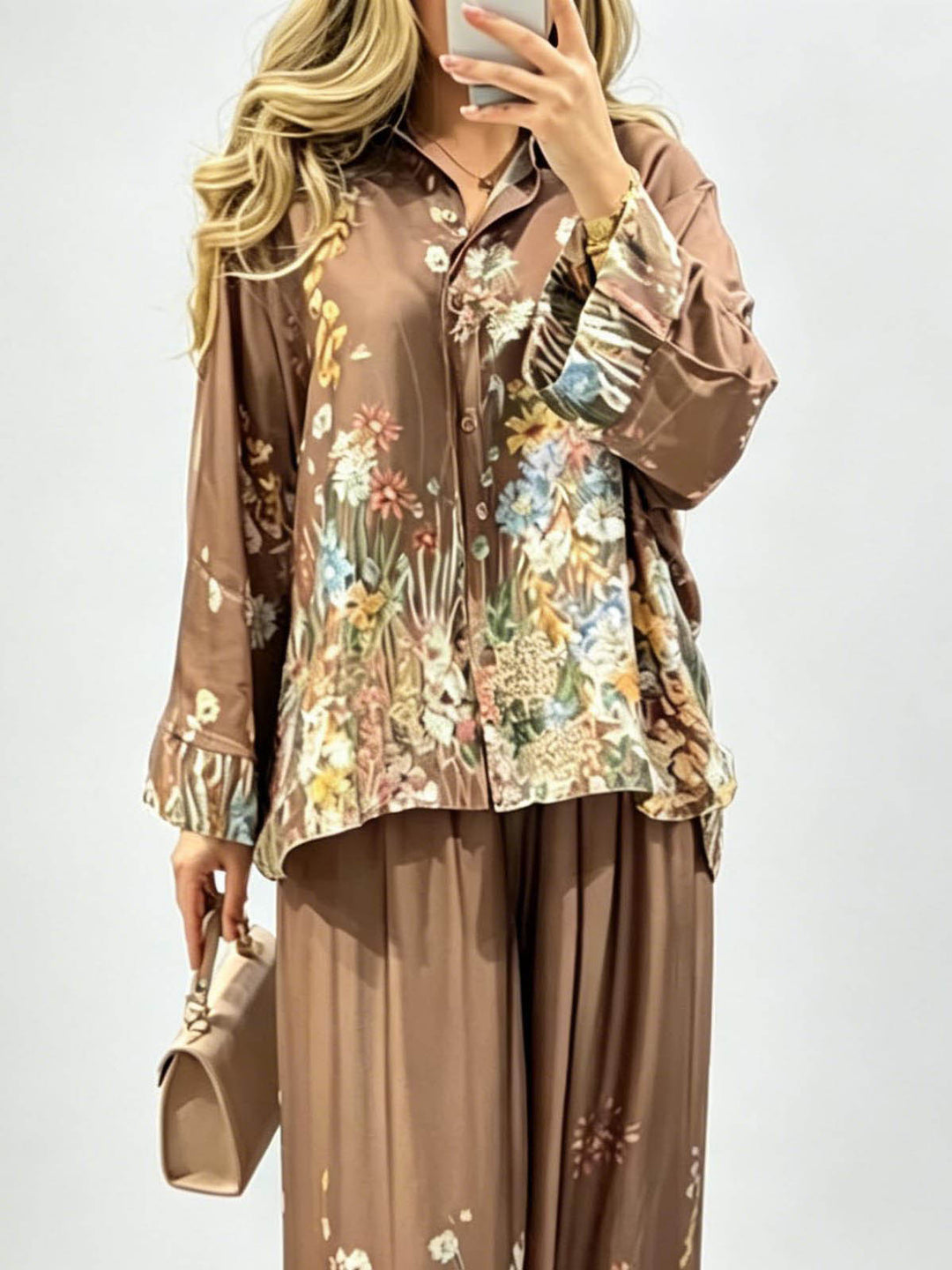 Elegant Floral Print Satin Button Shirt
