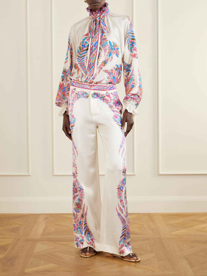 Exquisite Paisley Print Satin Wide-Leg Pants