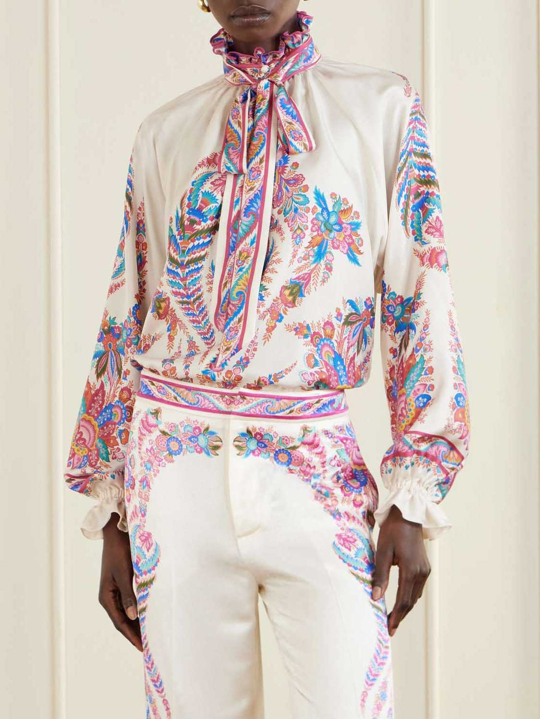 Exquisite Paisley Print Satin Wide-Leg Pants