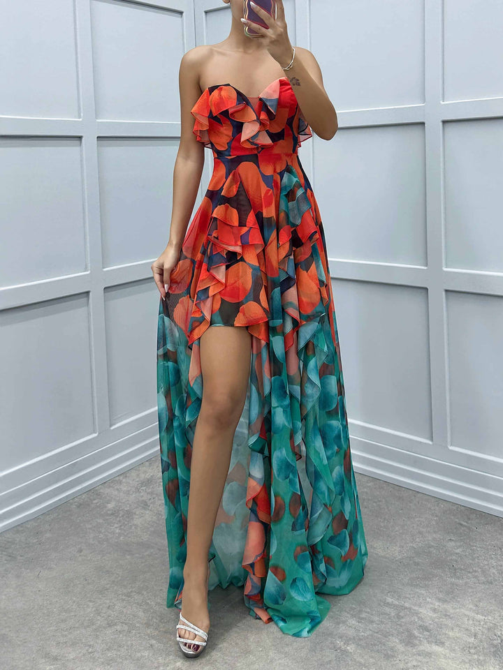 Gradient Print Irregular Ruffle Maxi Dress