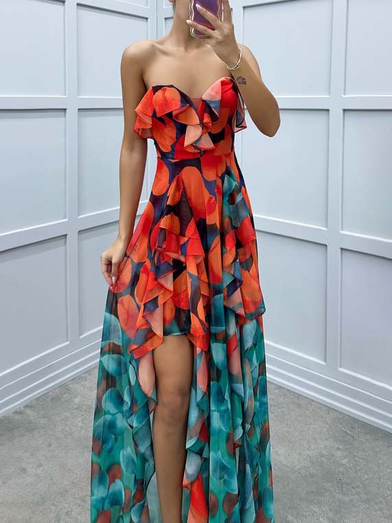 Gradient Print Irregular Ruffle Maxi Dress