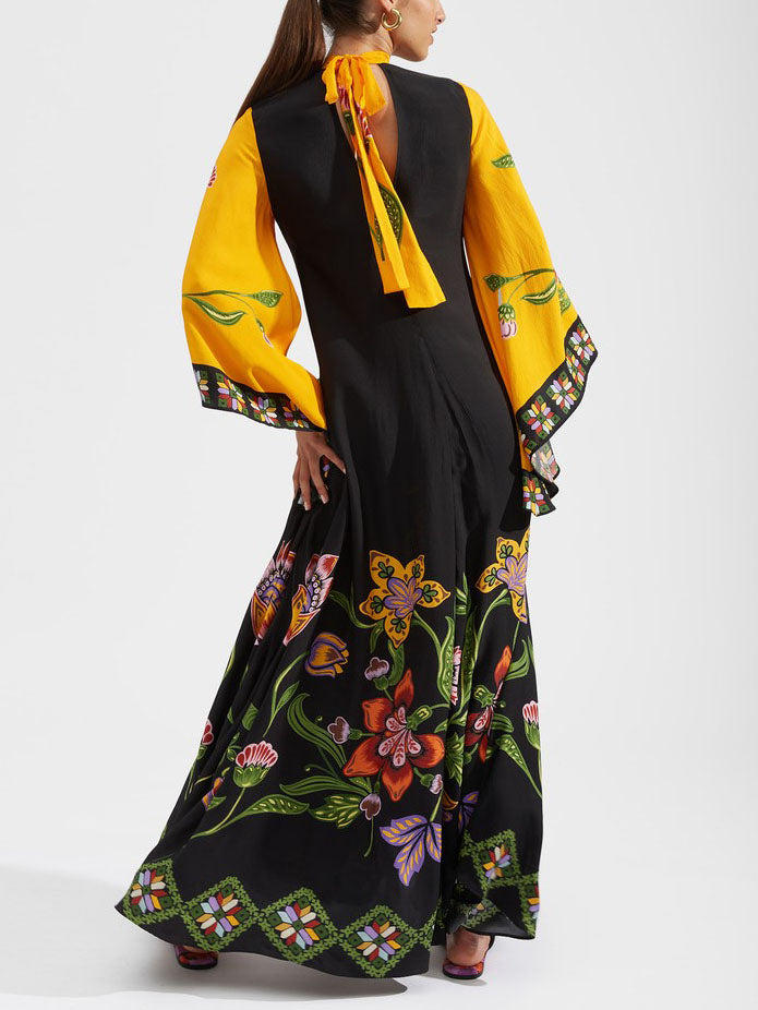 Exquisite Sunshine Floral Print Flowing Maxi Dress