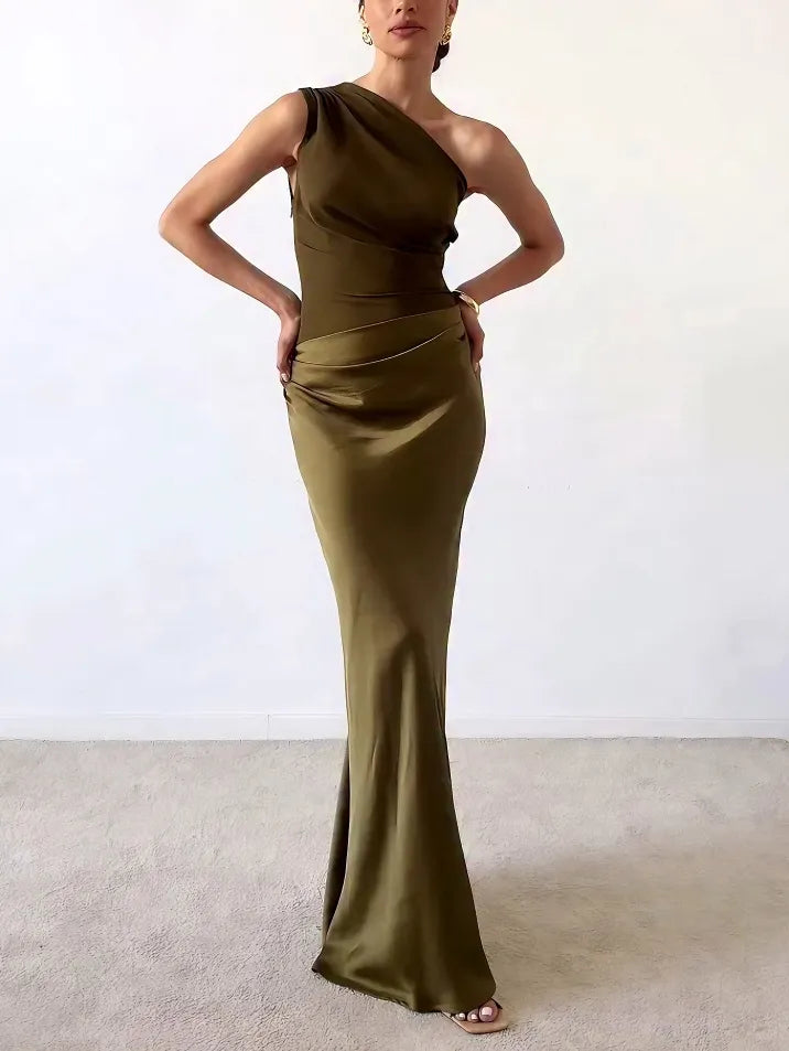 pleated maxi dress one shoulder Orange One Shoulder Satin Maxi Dress Pleated Formal Wedding Guest Asym