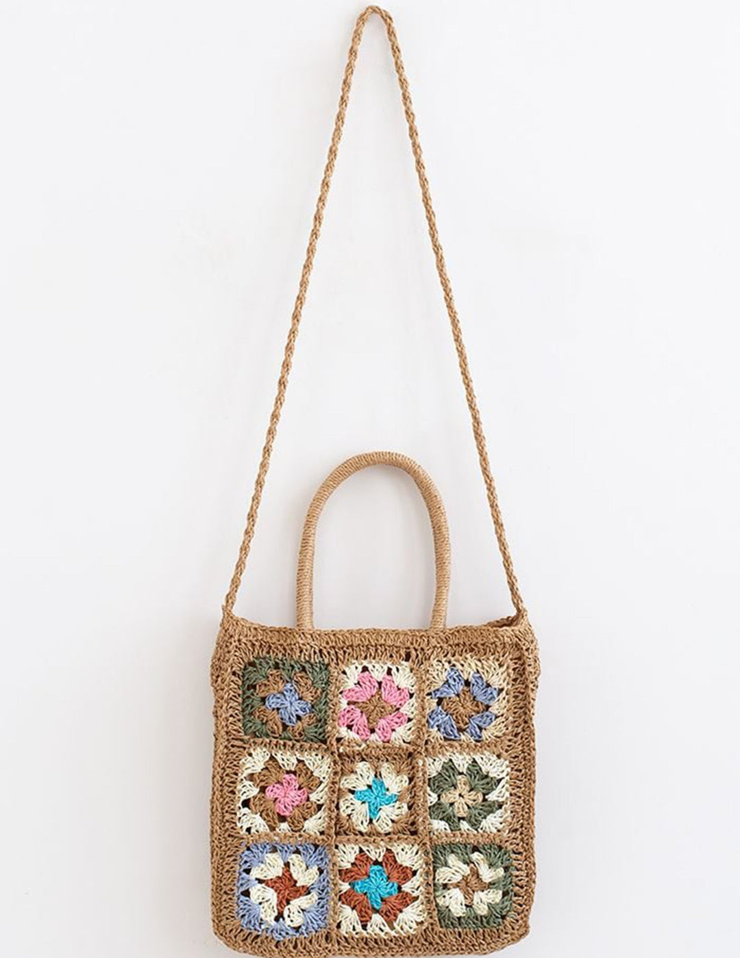 Sac en paille tissé à fleurs colorées