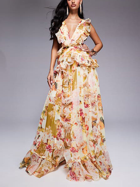 Elegant Ruffled V-neck Sleeveless Printed Slim Fit Maxi Dress