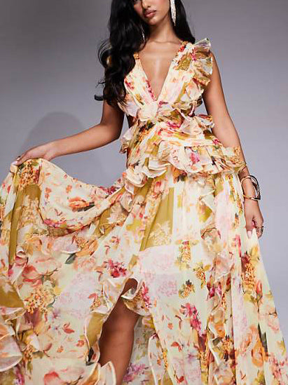 Elegant Ruffled V-neck Sleeveless Printed Slim Fit Maxi Dress