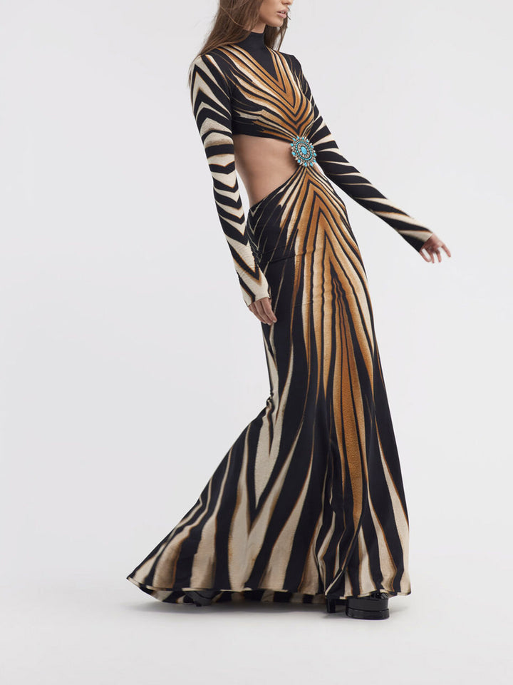 Maxikleid aus durchbrochenem Strick mit Goldprint