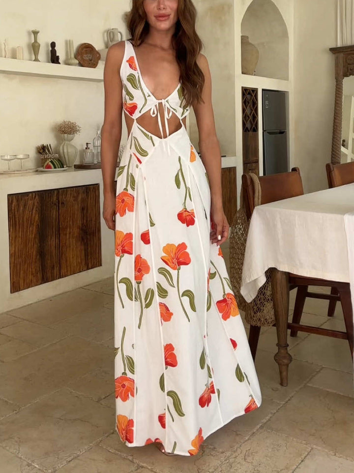 Fresh Floral Print Sexy Hollow Maxi Dress